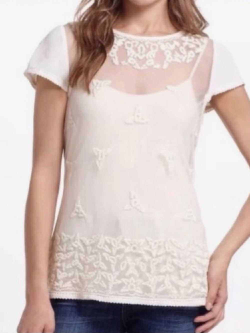 Maeve Anthropologie Ivory Crochet Sheer Lace Open Back Cap Sleeve Bridal Top